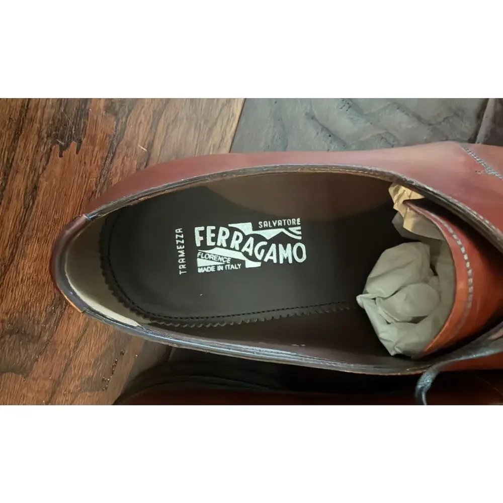 $1,295 Salvatore Ferragamo Napoli Brown Leather Derby Dress Shoes US 8 E NIB